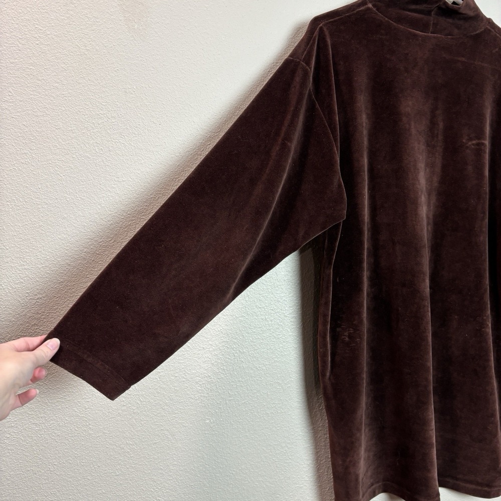 y2k 90s‎ Womens Chocolate Brown Velvet Mock Neck Long Sleeve Top Chic Normcore - Picture 8 of 10